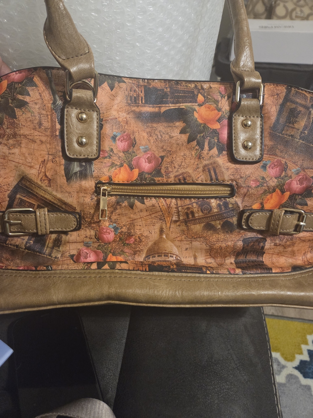 Vintage Floral Print Shoulder Bag in Brown and Orange